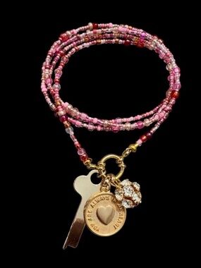 Pink Beaded Three Charm Long Necklace.